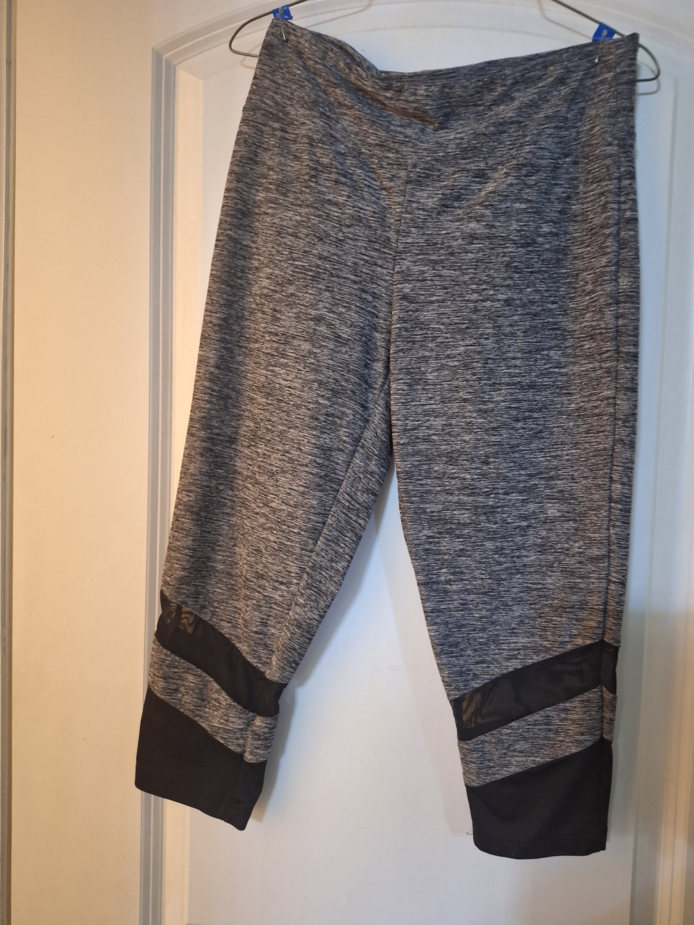 Women’s Gray Heather Capri Leggings with Black Mesh Accent